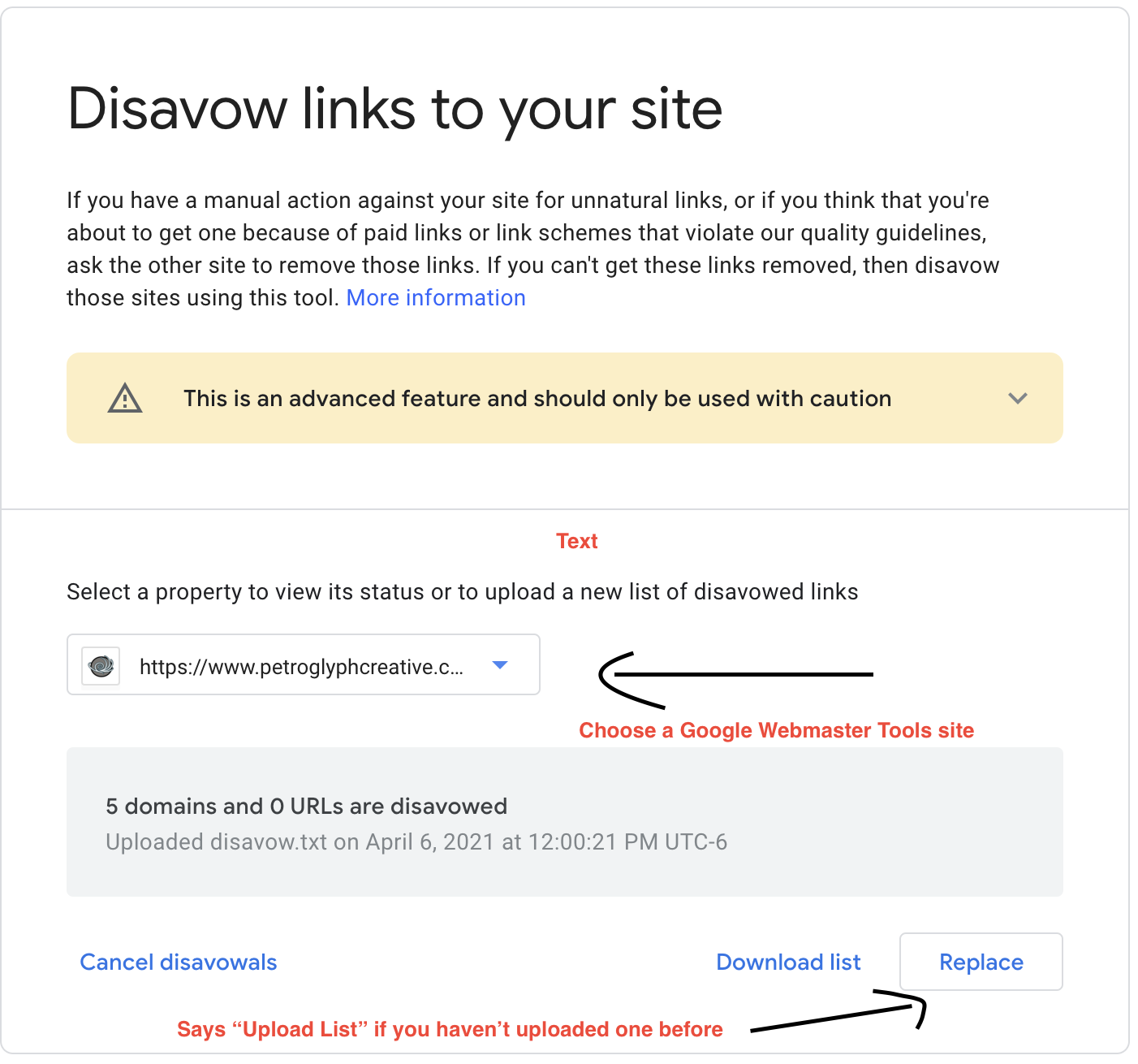 Disavow links process screen shot