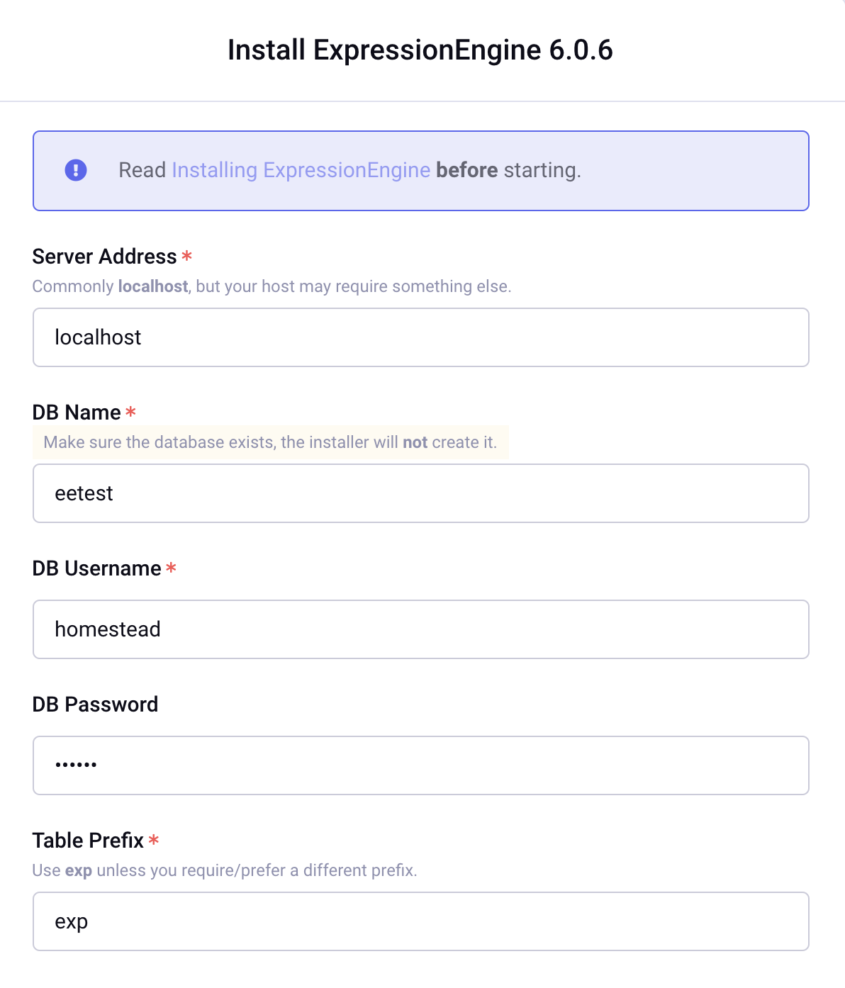 ExpressonEngine database credentials in vagrant/homestead
