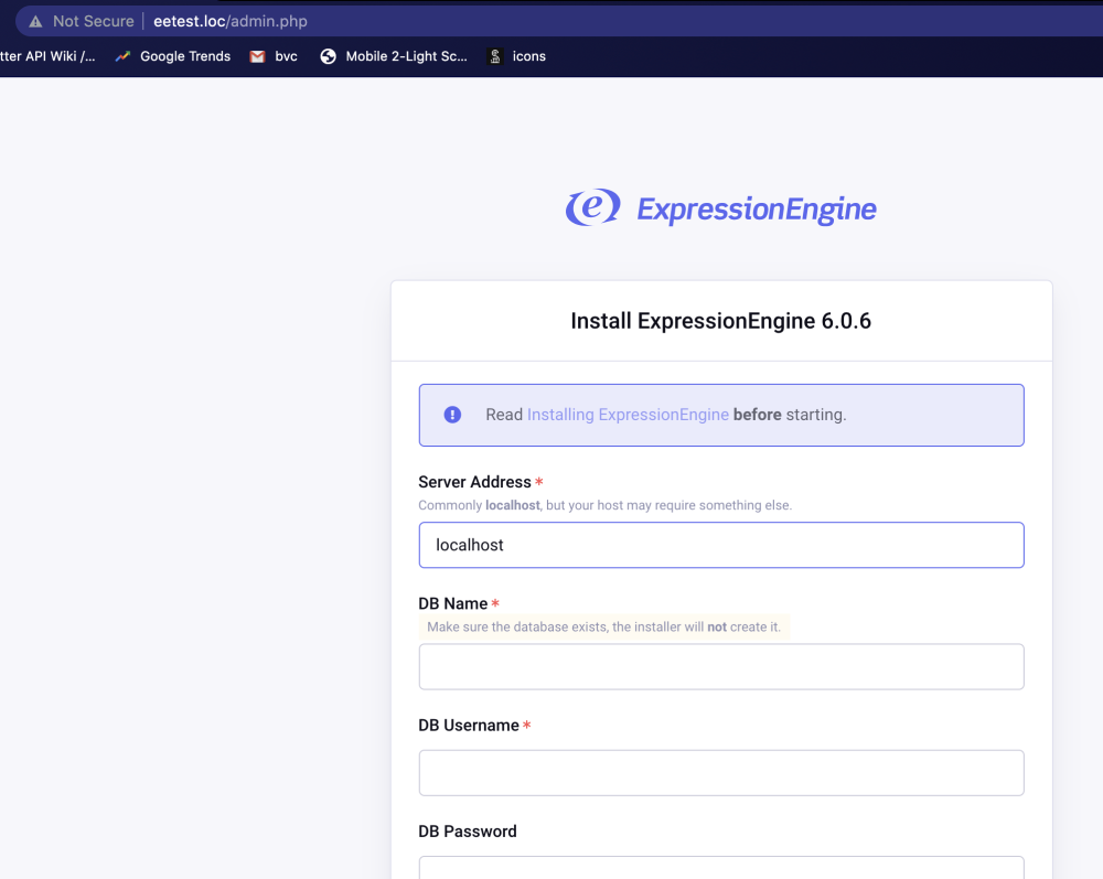 ExpressionEngine database install screen
