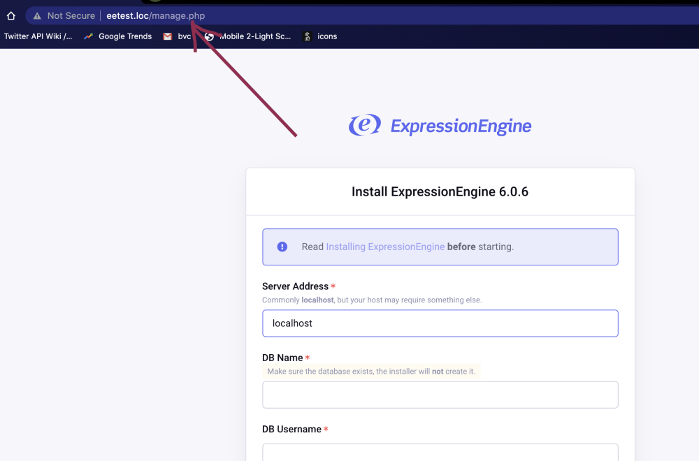 Install ExpressionEngine - database screen at custom address