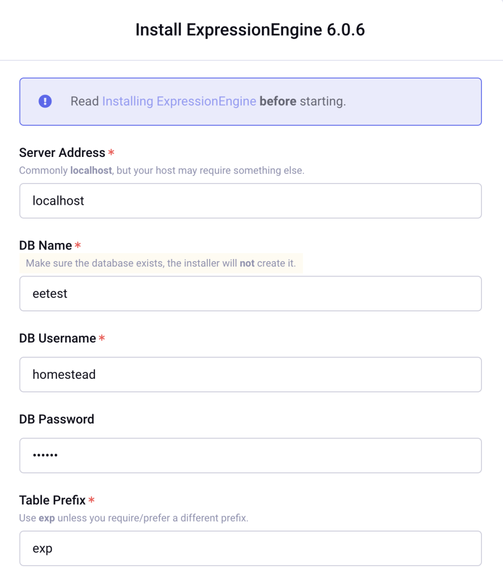 ExpressonEngine database credentials in vagrant/homestead