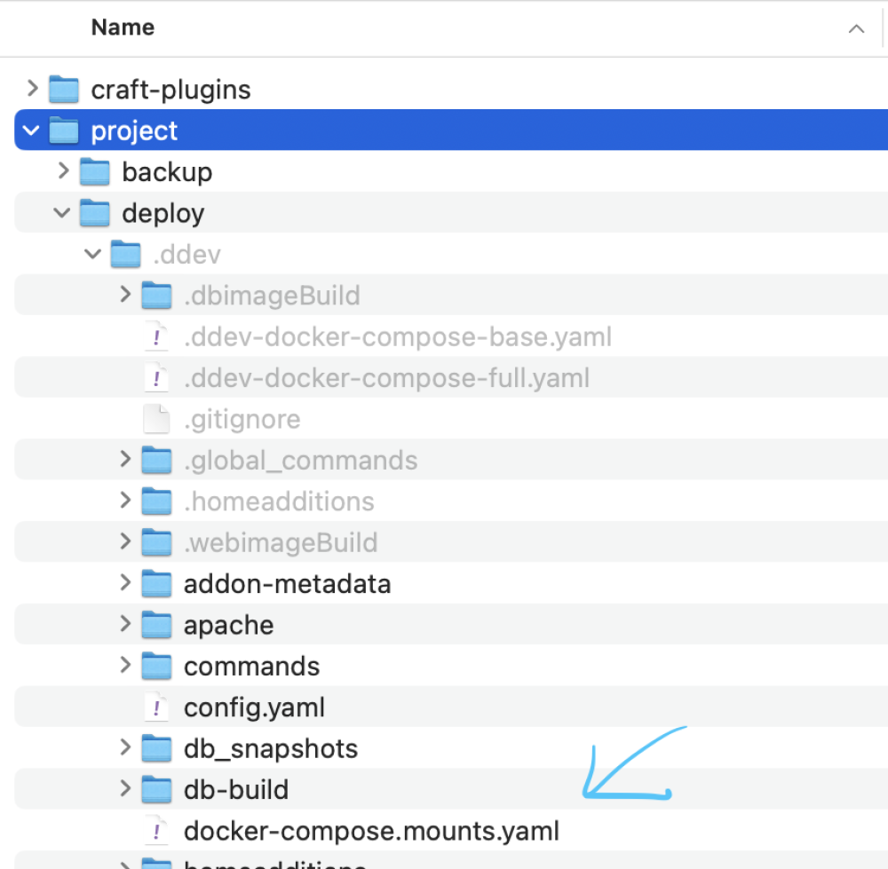 Image of Mac OS directory list demonstrating position of file within the .ddev directory