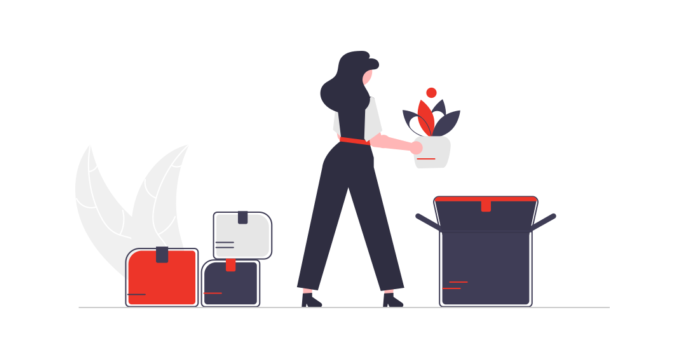 Woman moving item with hands from left box to right box
