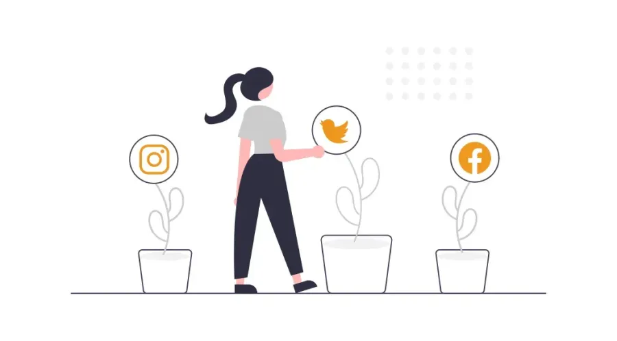 Woman tending to plants with social media logos as flowers
